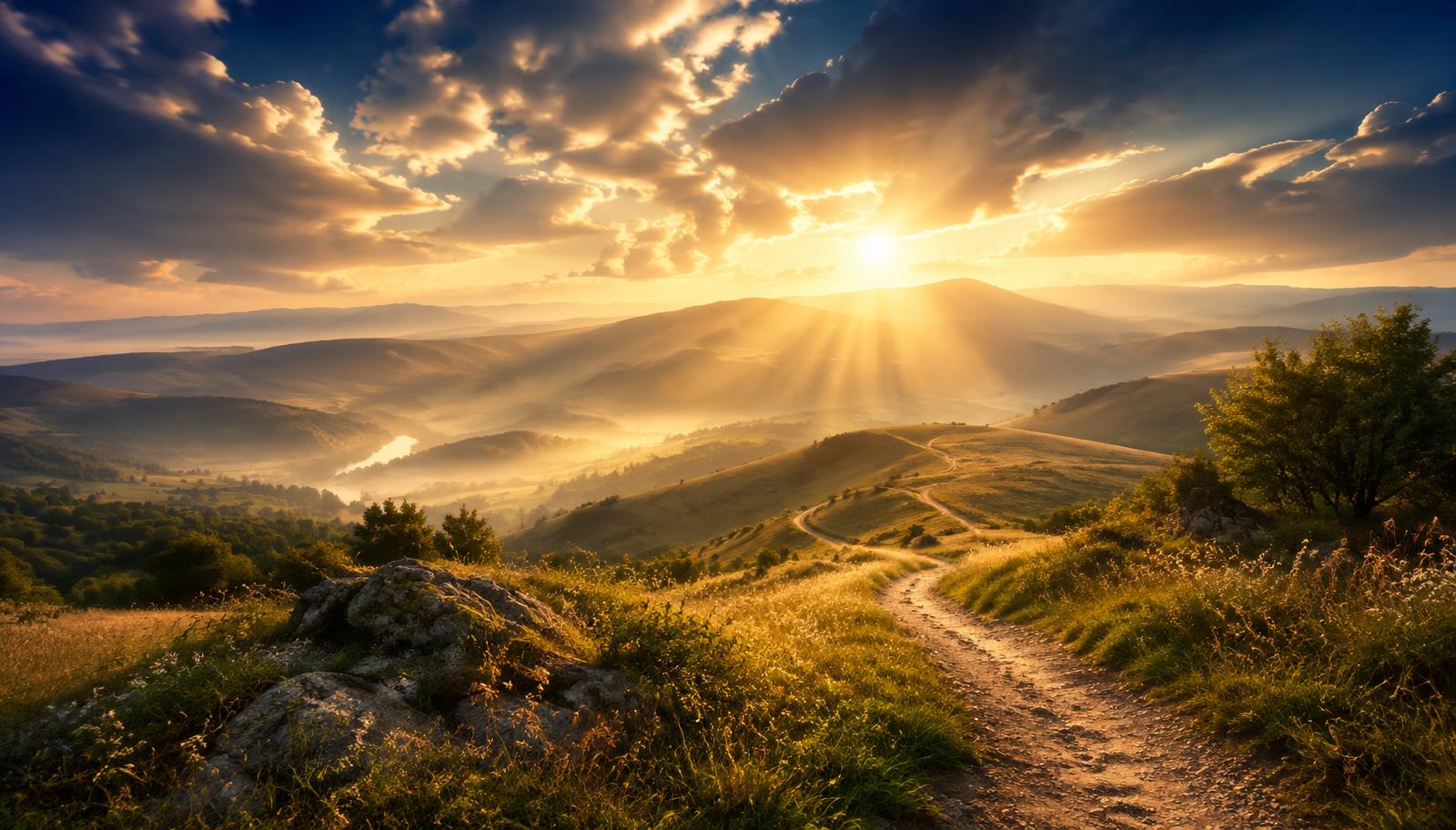Amanhecer sobre colinas com um caminho iluminado